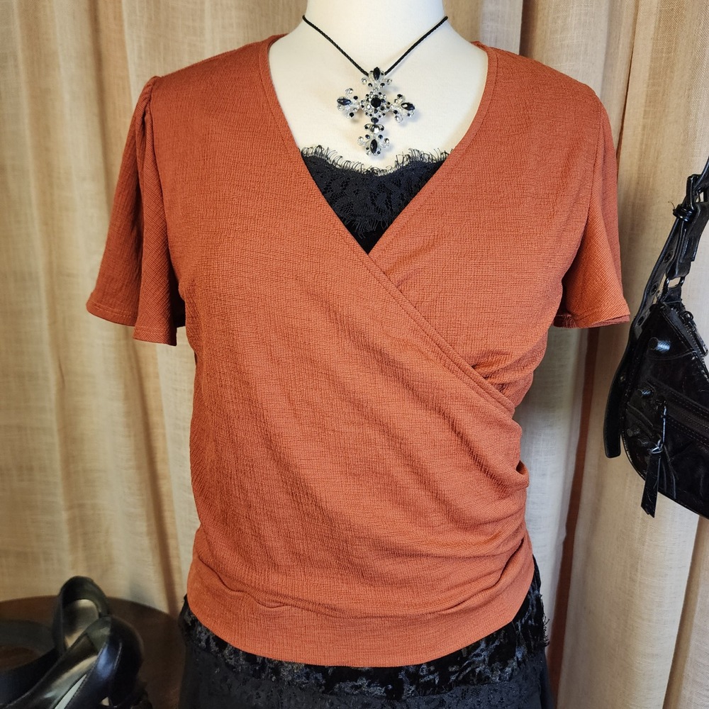 Paperoc XL Rust Orange Surplice Wrap Tie Back Short Sleeve Textured Top